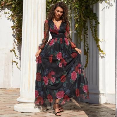 China New Style Casual Dresses Floral Printing Anti-Static Lantern Sleeve Ruched Mesh Maxi A Line Dresses for sale