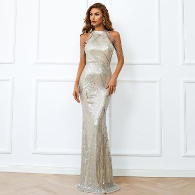 China Breathable Sleeveless Tassel Maxi Evening Dress Sequins Halter Party Dresses Mermaid Wedding Party Dress for sale