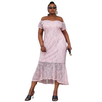 China Wholesale Anti-static Pink Lace Pattern Banquet Prom Dress Plus Size Off The Shoulder Women Party Dress for sale