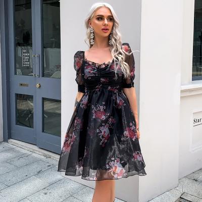 China Anti-Static 2022 Summer Puff Sleeve Girls Causal Dress Ruffles Party Dress Printed Floral Birthday Party Dresses for sale