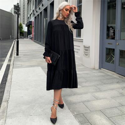 China 2022 Anti-Static Casual Dresses Black Long Sleeve Dresses Round Neck Plus Size Women Dress for sale