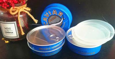 中国 Caviar Ring pull tin easy open caviar tin in Aluminum with plastic lid 3.5oz and 7oz 販売のため