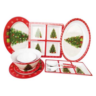 China Sustainable Christmas Trees Melamine Dinnerware Set Christmas Dish Bowl Tray Christmas Gift Melamine Dinnerware Set for sale