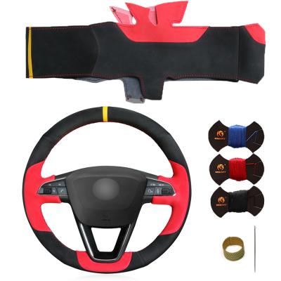 China Hand Stitching Black And Red Luxury Leather Steering Wheel Cover Replacement For Seat Ibiza 6J 2016 2017 2018 2019 for sale