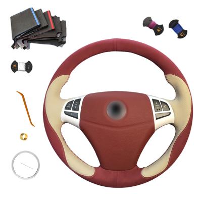 China Unique Suede Design Beige Leather Wine Red Leather Custom Steering Wheel Cover For Ssangyong Korando 2011 2012 2013 2014 for sale