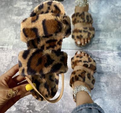 China 2021 Wholesale Antiskid Leopard Print Hairy Fur Slides For Women Ladies Faux Fur Slippers for sale