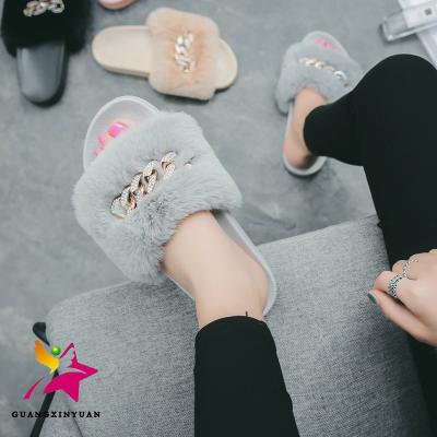 China 2021 Anti-Slip Comfortable Soft Rhinestone Chain Meta Decoration Faux Fur Slides Flat Slippers for sale