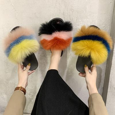 China 2021 new winter fashion fur anti-skid color matching slippers for women plush indoor shoes for sale