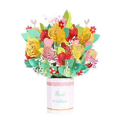 China Europe Laser Cut Paper Craft 3d Flower Bouquet Pop Up Cards For Valentine's Day for sale