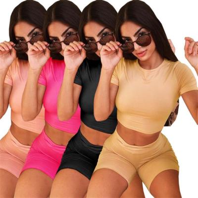 China Sustainable Custom Sport Wear Women 2 Piece Short Sets Crop Top Two Piece Summer Women Clothing Outfits Gym Workout Sweated Biker Short Set for sale