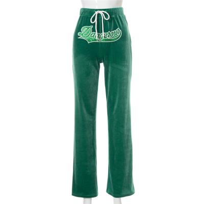 China New Casual Vintage Anti-Wrinkle Women Flare Pants Fashionable Green Velvet Sweatpants Ladies Lettering High Waisted Velvet Pants 2022 for sale