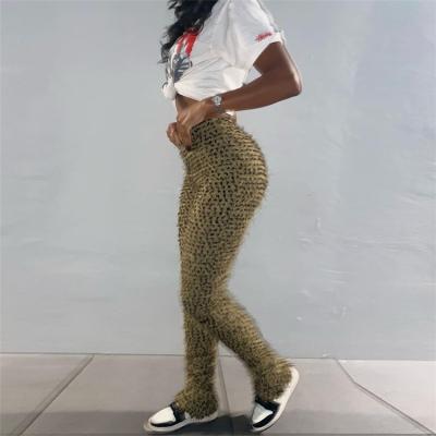 China 2022 new Anti-wrinkle leopard fur casual pants fashion high waist sweatpants ladies street furry pants for women for sale