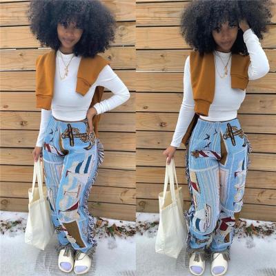 China 2022 New Vintage Anti-Wrinkle High Waist Sweatpants Trendy Ladies Streetwear Casual Tassel High Pants Printed Trousers Women for sale