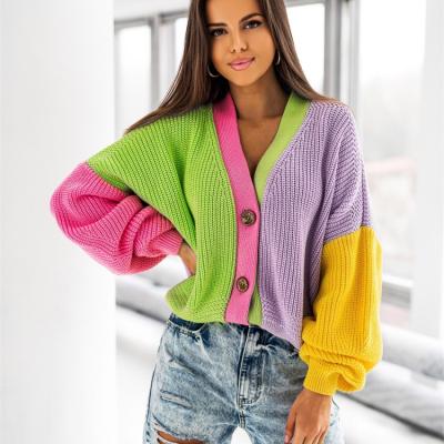 China Anti-wrinkle cotton knitted sweater women 2022 fashionable rainbow patchwork knitwear Colorblock cardigan autumn spring women's clothing for sale