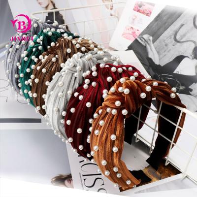 China Fashionable Wholesale Top Grade Pearl Headband Fashion Pearl Velvet Knot Wide Headband For Women for sale