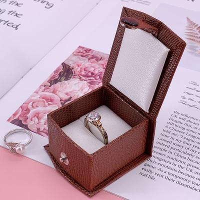 China High End Ring Box Jewelry Snap Button Jewelry Box Brown Leather Jewelry Box for sale