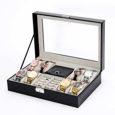 China High-End Luxury Black Watch Case PU Leather Watch Box And Gift Ring Jewelry Packaging Organizer Storage for sale