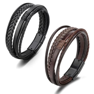 China Trendy Multilayer Magnetic-Clasp Bracelets Cuff Men Fashion Leather Rope Braided Wrap Trendy Bracelet for sale