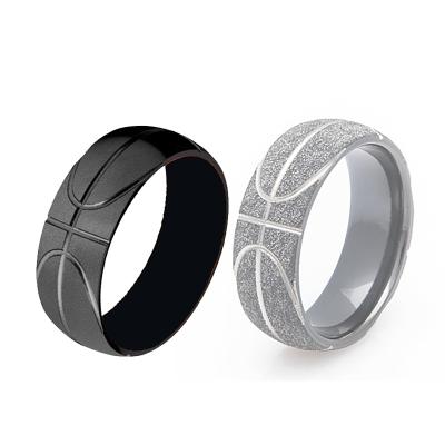 China Trendy Fashion Men's Jewelry Simple Basketball Logo Sport Ring Stainless Steel Frosted Matte Classic Men Ring for sale