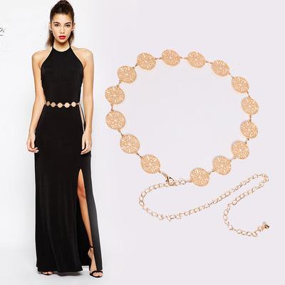 China Trendy fashion punk gold circle decoration metal women waist chain body chain hollow dress belt for ladies for sale