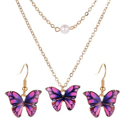 China Fashion Colorful Layered Layered Pearl Butterfly Charm Necklace Drop Earring Pendant Jewelry Set For Women Girls for sale