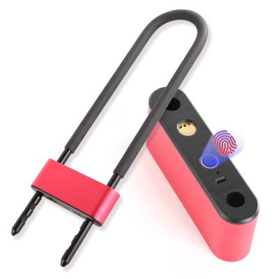 China Protect Bike Security Smart U-lock Anti-theft Motorcycle Or Bicycle Fingerprint Key Fingerprint Double Open U-lock for sale