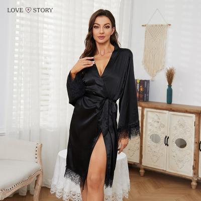 China Hot Sale Discount Women's Breathable Ladies Satin Lace G-String Panties Pajamas Dressing Gown Women's Pajamas Set ODM/OEM for sale