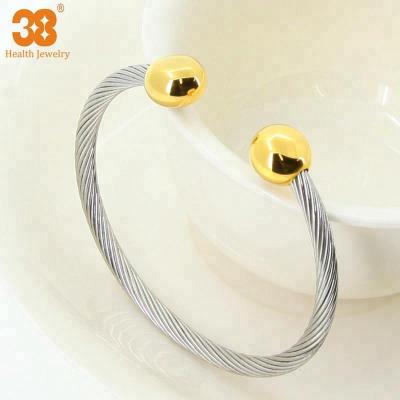 China 3000gauss 18K Magnetic Gold Plated Cuff Bracelet Blood Pressure Steel Cable Bracelet for sale