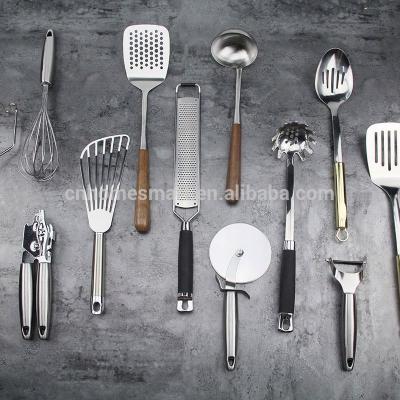 China New Matte Durable Heavy High Quality Mirror Polished Stainless Steel Utensils Set With Wooden Handle Gold Handle Turner Spoon Instruments for sale