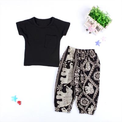 China Casual Pure Foreign Black Children Short Pants Harem Print T-shirt Explosion Covers Costume Kids Girls Two-piece Clothing Sets for sale