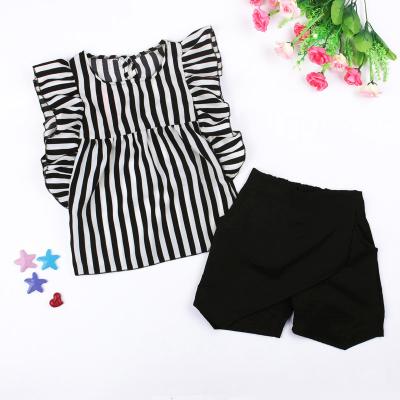 China Hot Selling Fashion American Style Casual Children's Suit Striped Top Solid Color Shorts Kids Girls Two Piece Clothing for sale