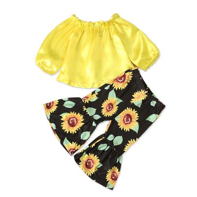 China Girls Casual Long Sleeve Off-the-Shoulder Autumn Spring Sunflower Top Print Flared Pants Children's Clothing Two-Piece INS for sale