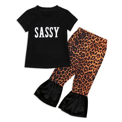 China Breathable Summer Fashion Girl's Hot Selling Letter Top Leopard-Copy Flared INS Two-Piece Pants Children Infant Kids Baby Clothing Sets for sale