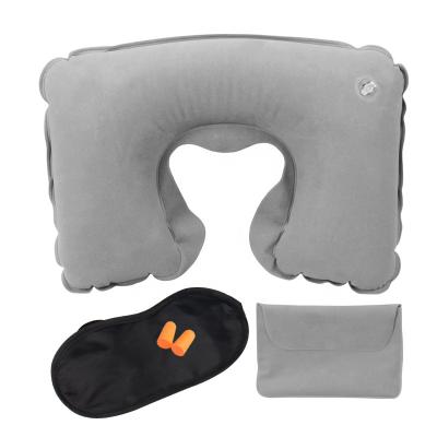 China Inflatable Pillow U Cushion Air Travel Flight Car Aoxiangzhe Shape Neck Pillow Rest + Mask + Inflatable Eye Earplugs for sale