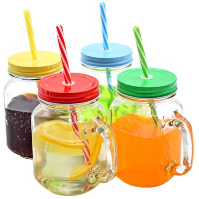 China 16 Ounce Sustainable Mason Jar With Handle Lids Straws / Drinking Glasses Plastic Beer Bottle for sale