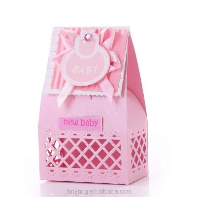 China New Pale Pink Disposable Baby Shower Favor Boxes with Baby Bib and Ribbon Bow for sale