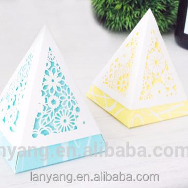 China Pyramid Triangle Disposable Blue Yellow Laser Cut Candy Favor Boxes for sale