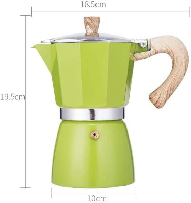 China Viable High Quality Wooden Mocha Pot Green Handle Aluminum Moca Pot Coffee Maker for sale