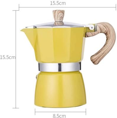 China Viable High Quality Wooden Yellow Mocha Pot Handle Aluminum Moca Pot Coffee Maker for sale