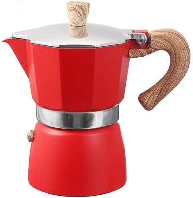 China Sustainable Italian Grain Handle Wooden Household Aluminum Mocha Pot Espresso Red/Green Moka Coffee Pot Maker for sale