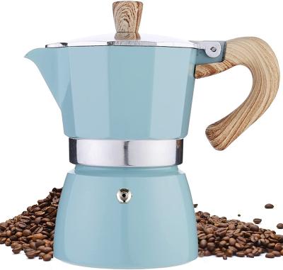 China Viable High Quality Wooden Blue Mocha Pot Handle Aluminum Moca Pot Coffee Maker for sale