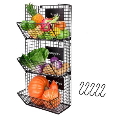 China Sustainable Foldable 3 Tier Wire Metal Wall Organizer Mounted Fruit Vegetable Kitchen Storage Hanging Basket for sale