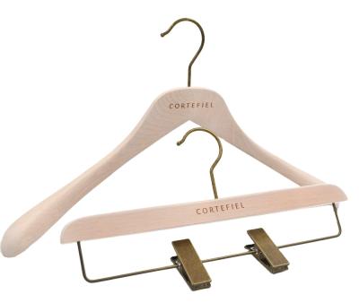 China Eco-Friendly Wash Gray Ash Wood Luxury Classical Style Logo Wooden Hangers Custom Made With Gold Clips for sale