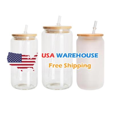 China Sustainable USA Warehouse wholesale 12oz 16oz Clear Frosted Sublimation Blanks Glass Mason Jar Beer Can Glass Cup With Bamboo Lid And Straw for sale