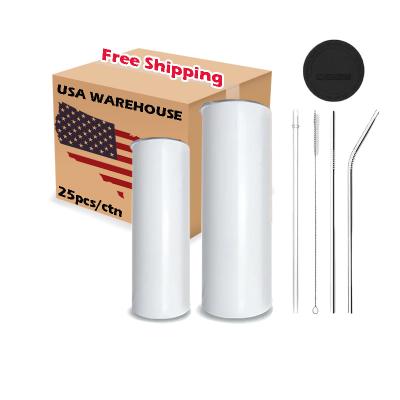 China Sustainable USA US Warehouse Stock White 20oz Straight Skinny Sublimation Blanks Stainless Steel Tumblers Cups with Straw and Rubber Bottom for sale