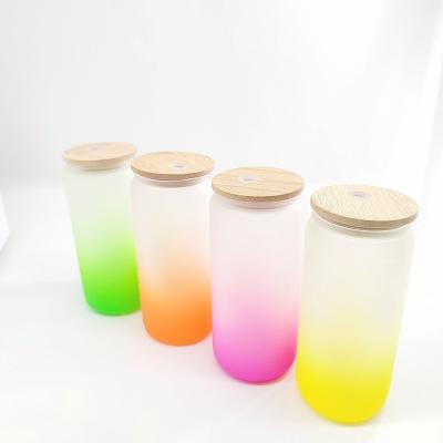 China Sublimation US Warehouse Stock 550ml 16oz Sublimation ombre  Large  Can Shaped Containers Bamboo Lid Cola Beer Glass Cup with Straw for sale