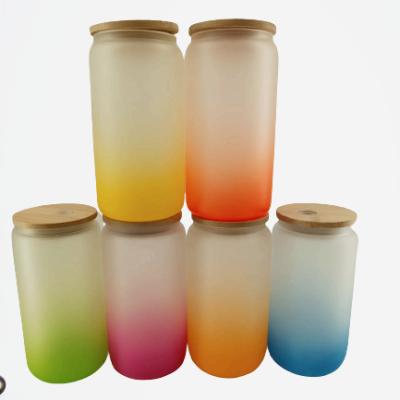 China Sustainable USA WAREHOUSE 16 oz Frosted Beer Can Shaped Soda Gradient colorful Glass glass can with bamboo lid and straw for sale