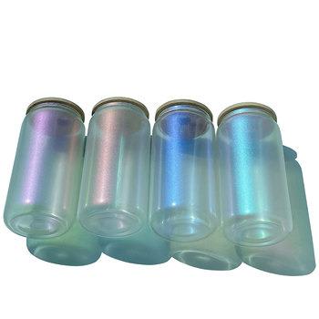 China Sustainable US Warehouse 16 oz Blank Sublimation straight rainbow iridescent glass tumbler Rainbow Glitter Cups with bamboo lid and straw for sale