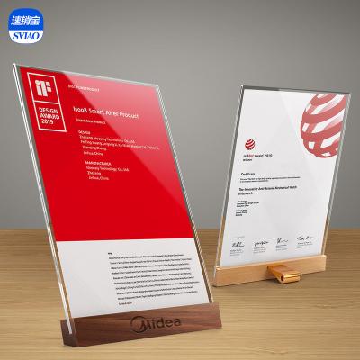 China Simple Photo Frame Certificate Sviao A4 Desk Display Slanted Back Wooden Base Sign Holder Frames Picture for sale