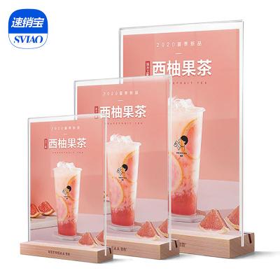 China Double Side Vertical Drop Side Recycled Shopping Restaurant Coffee Shop Dessert Milk Tea Shop Table Menu Photo Acrylic Wooden Card Holder for sale